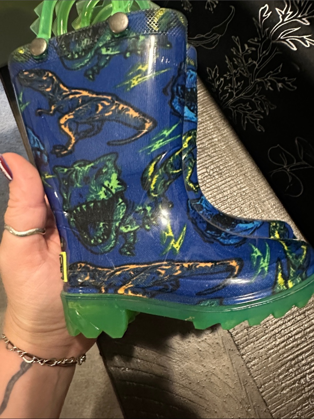 Western Chief Blue Dinosaur Rain Boots with Green Soles
